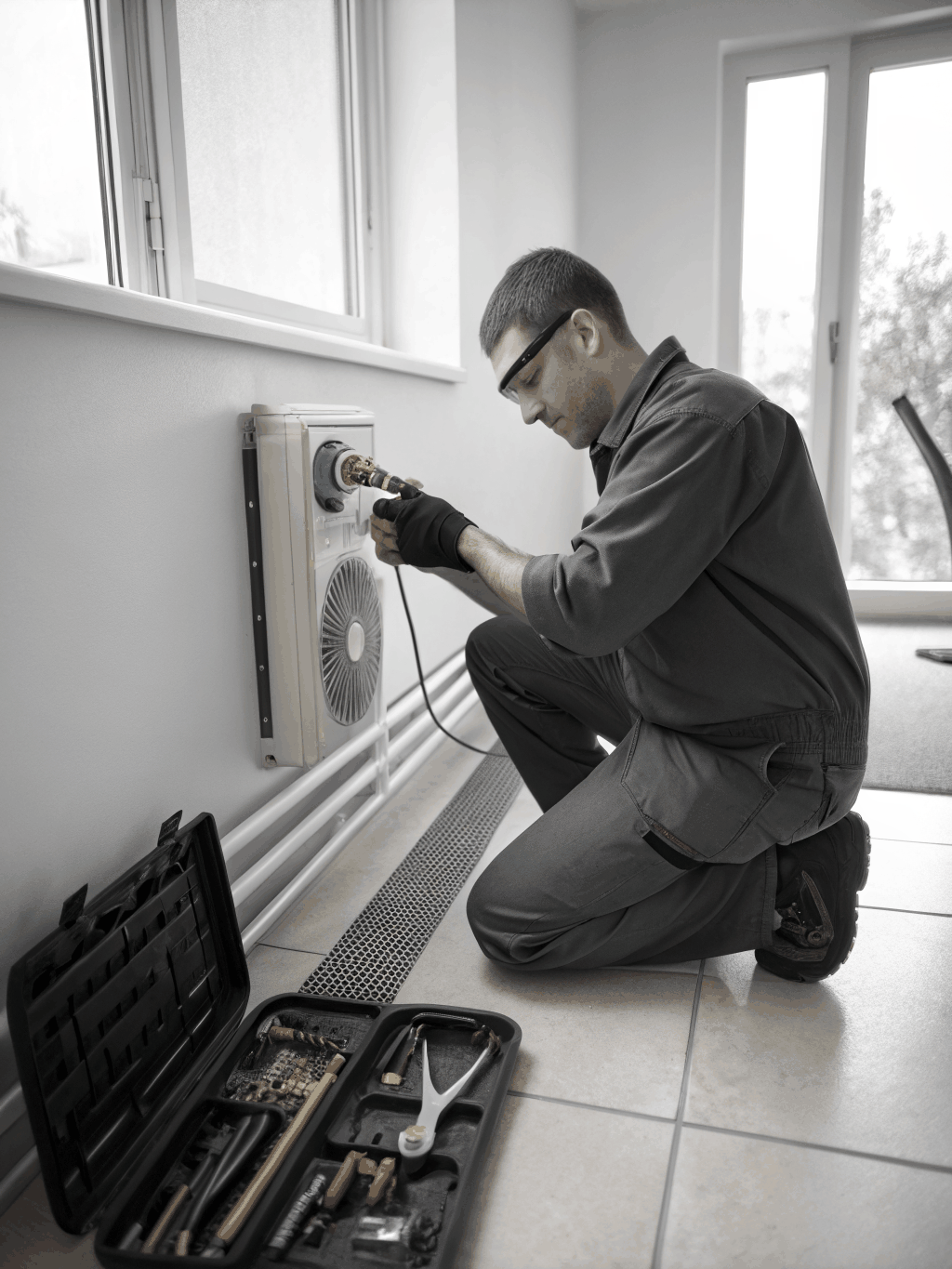 HVAC technician performing maintenance with high conversion landing page overlay
